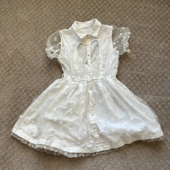 White Mini Dress Polkadots Puff sleeves Heart Cut Out Collar Frill Buttons XS - Picture 1 of 6